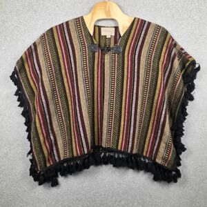 Ethereal Poncho Womens Small Multicolor Striped Fringe Toggle Boho Tribal